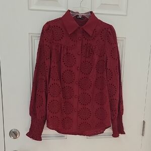 Pretty Garden Burgundy Red Lace Embroidered Lined Cotton Blouse.  Size Medium